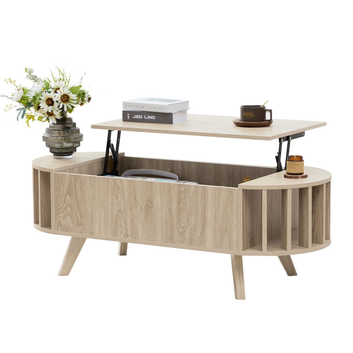 47.3" Lift Top Coffee Table with Hidden Storage, Small End Table with Curved Edge Design