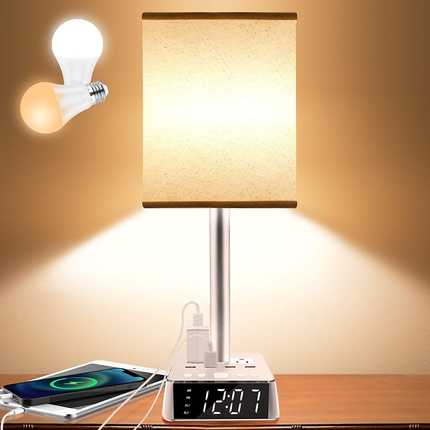 Table Lamp Bedside Lamp with 4 USB Ports and AC Power Outlets
