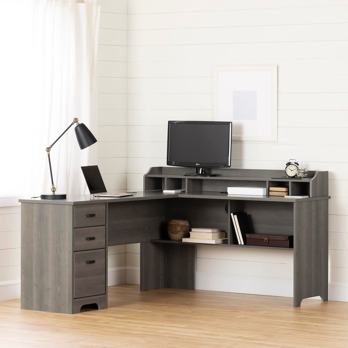 Versa L-Shaped Desk, Gray Maple