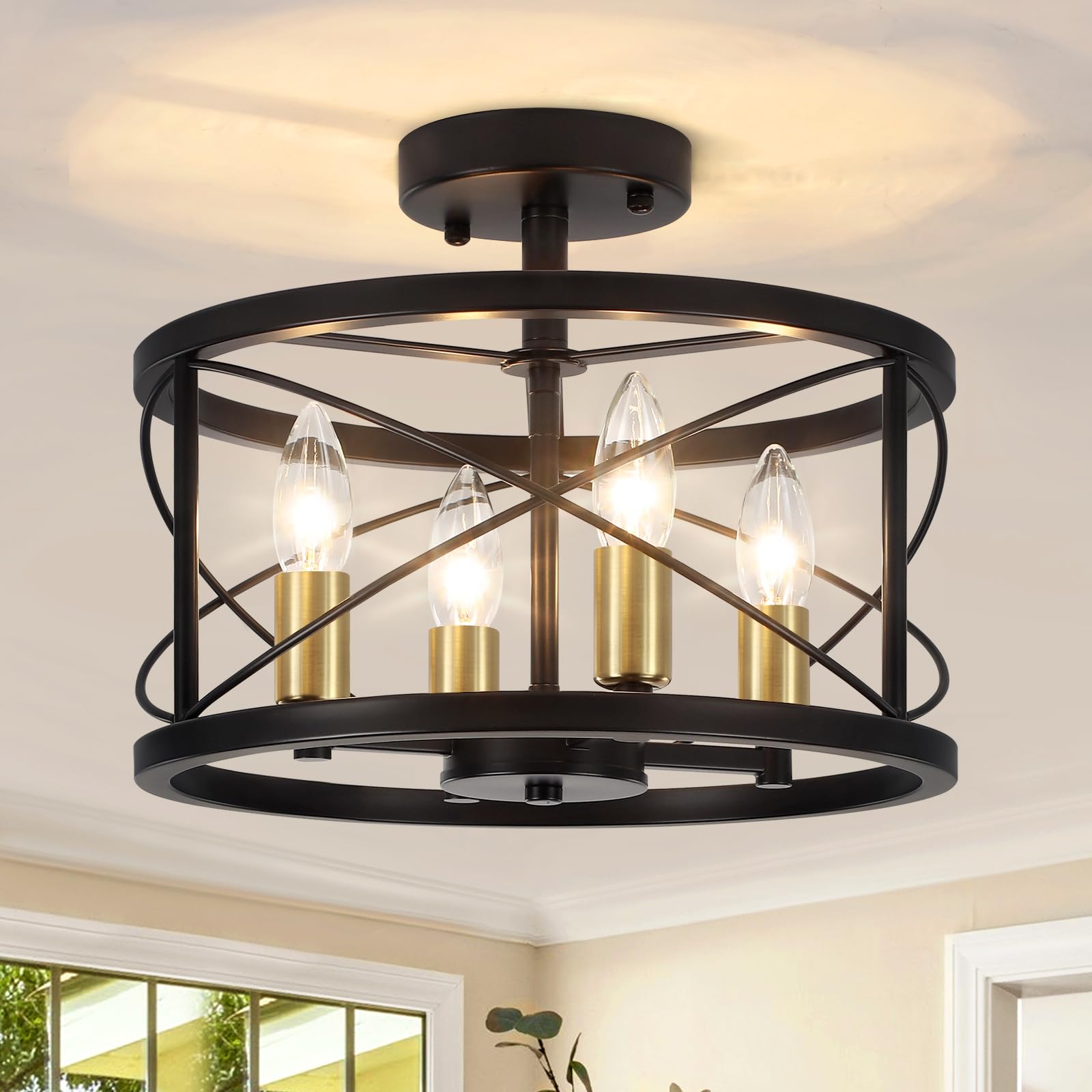 4-Light Modern Ceiling Light, Black Gold Semi Flush Mount Ceiling Light, Hallway Light