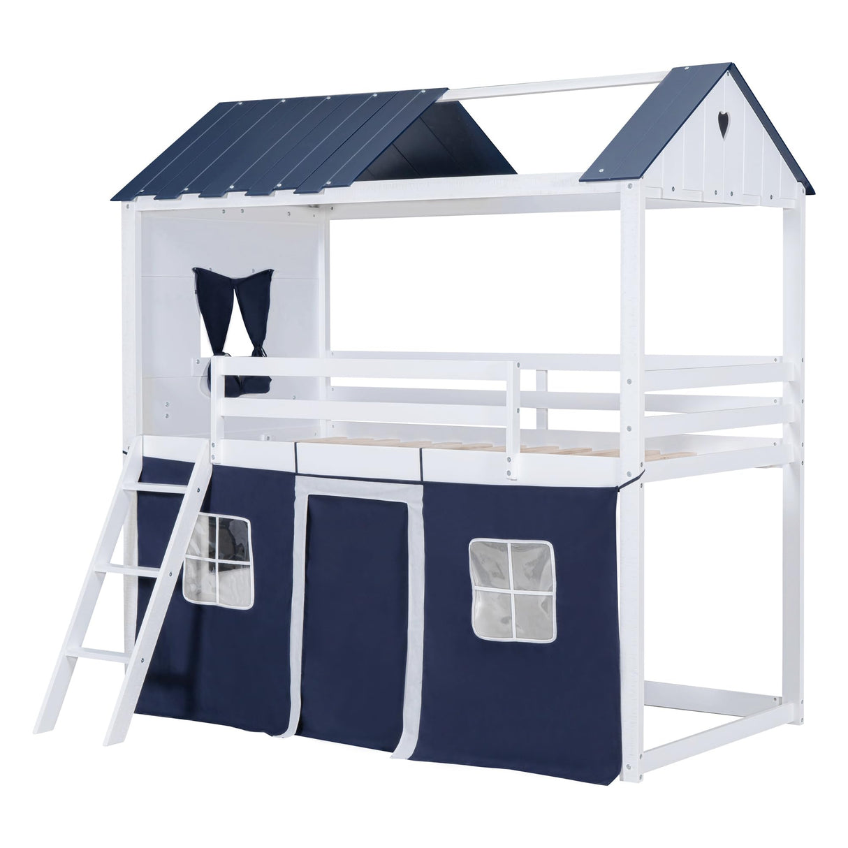 House Full Loft Bunk Bed with Tent, Kids Loft Bed with Ladders,Guardrail