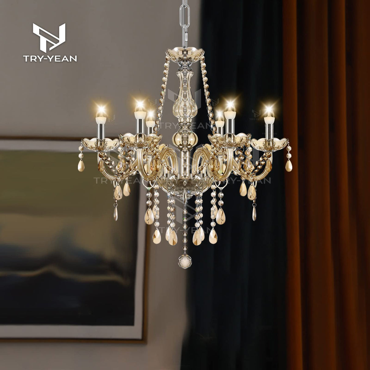 Adjustable 6 Lights Chandelier Cognac K5 Crystal Chandelier Hanging Ceiling