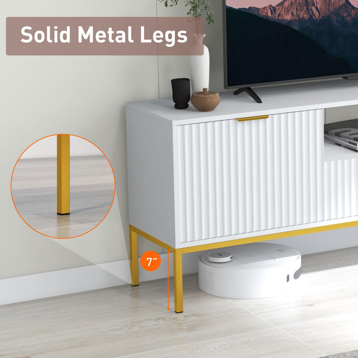 60" White TV Stand with PIR Sensor Light, Modern Media Console for 55/60/65 inch TV, Entertainment Center