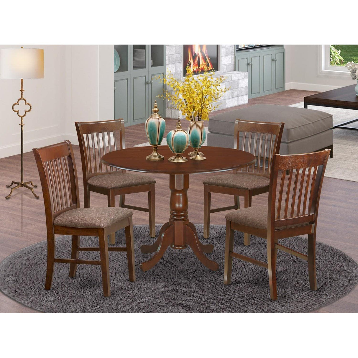 5 Piece Room Furniture Set Includes a Round Kitchen Table with Dropleaf and 4 Linen Fabric
