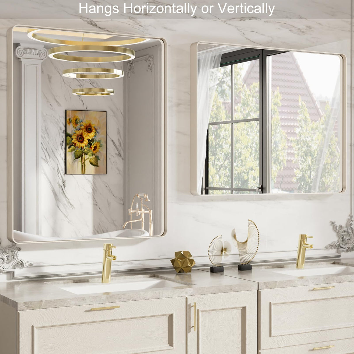 Bathroom Mirror, Rounded Rectangle Silver Metal Frame Mirror