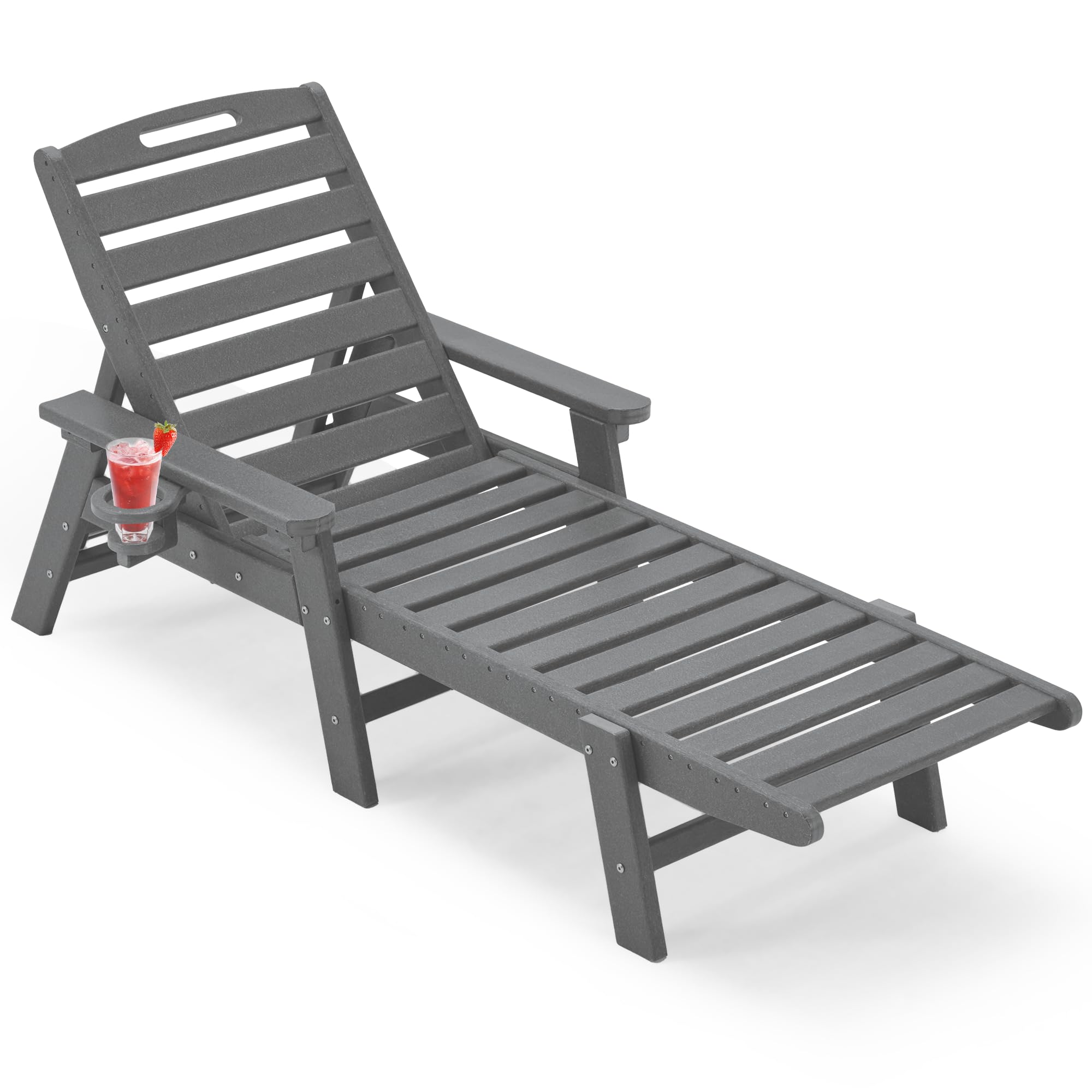 eavy Solid Patio Chaise Lounge with Arm/Cup Holder,HDPE Lounge Chair Outdoor[Wind