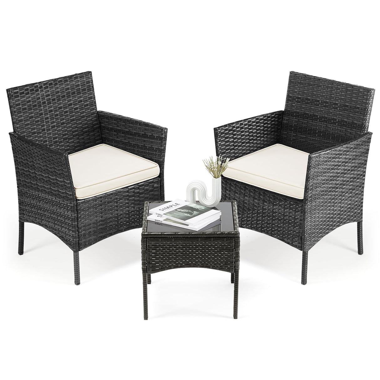 Patio Furniture Set 3 Pieces, Outdoor Furniture with Soft Cushion and Glass Table