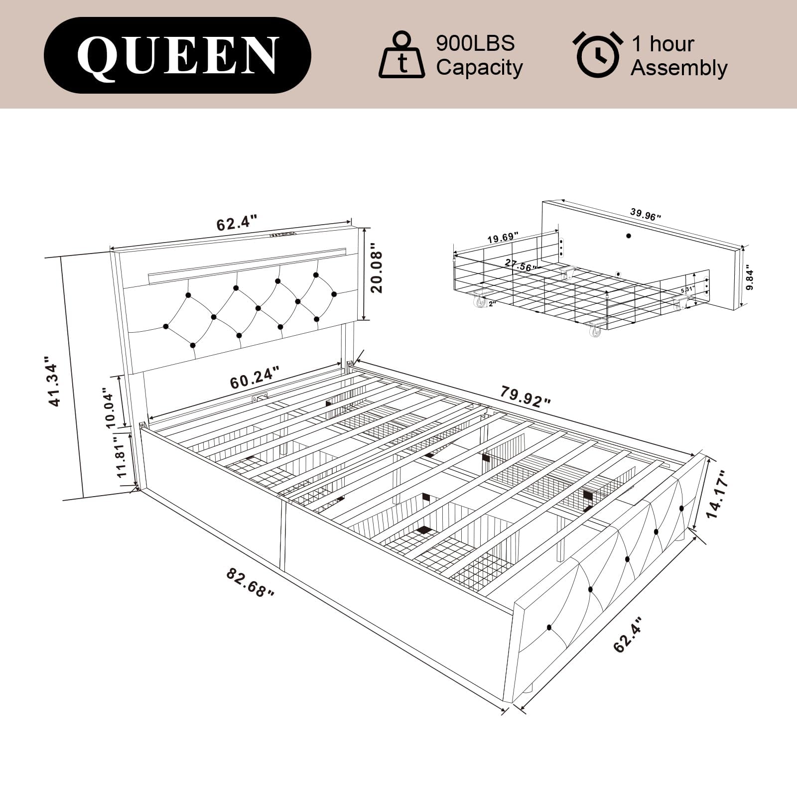 Benevika Queen Size Bed Frame with 4 Drawers and Charge Station, PU Leather Upholstered Bed with Adjustable LED Headboard, Wooden Slats Support, No Box Spring Needed, Black