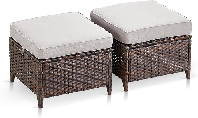 Outdoor Wicker Ottomans Rattan Footstools - Set of 2 Heavy Duty Outside Resin