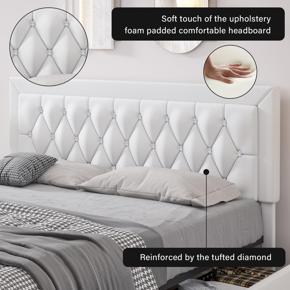 White Full Size Bed Frame with 4 Storage Drawers, Modern Leather Bed with Tufted