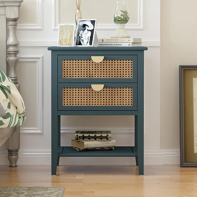 Rattan Nightstands Set of 2 - Night Stand with Drawers, Accent End Table