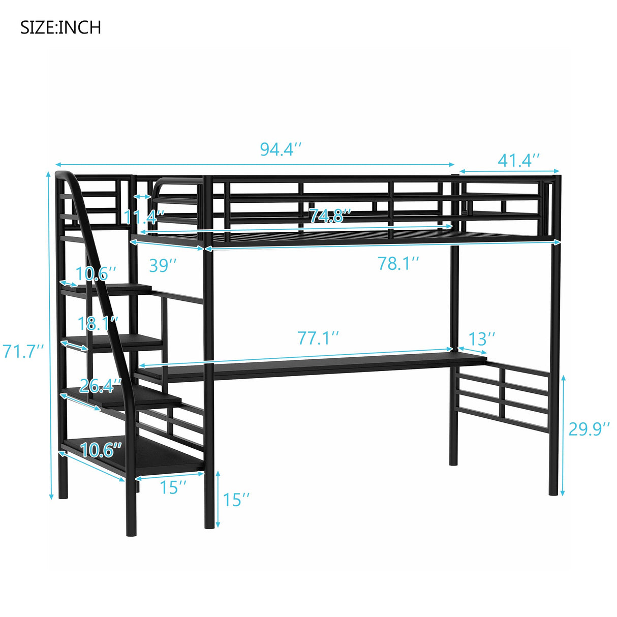 Frame for Boys Girls Kids Adults Toddler with Desk, No Box Spring Needed,Twin,Black