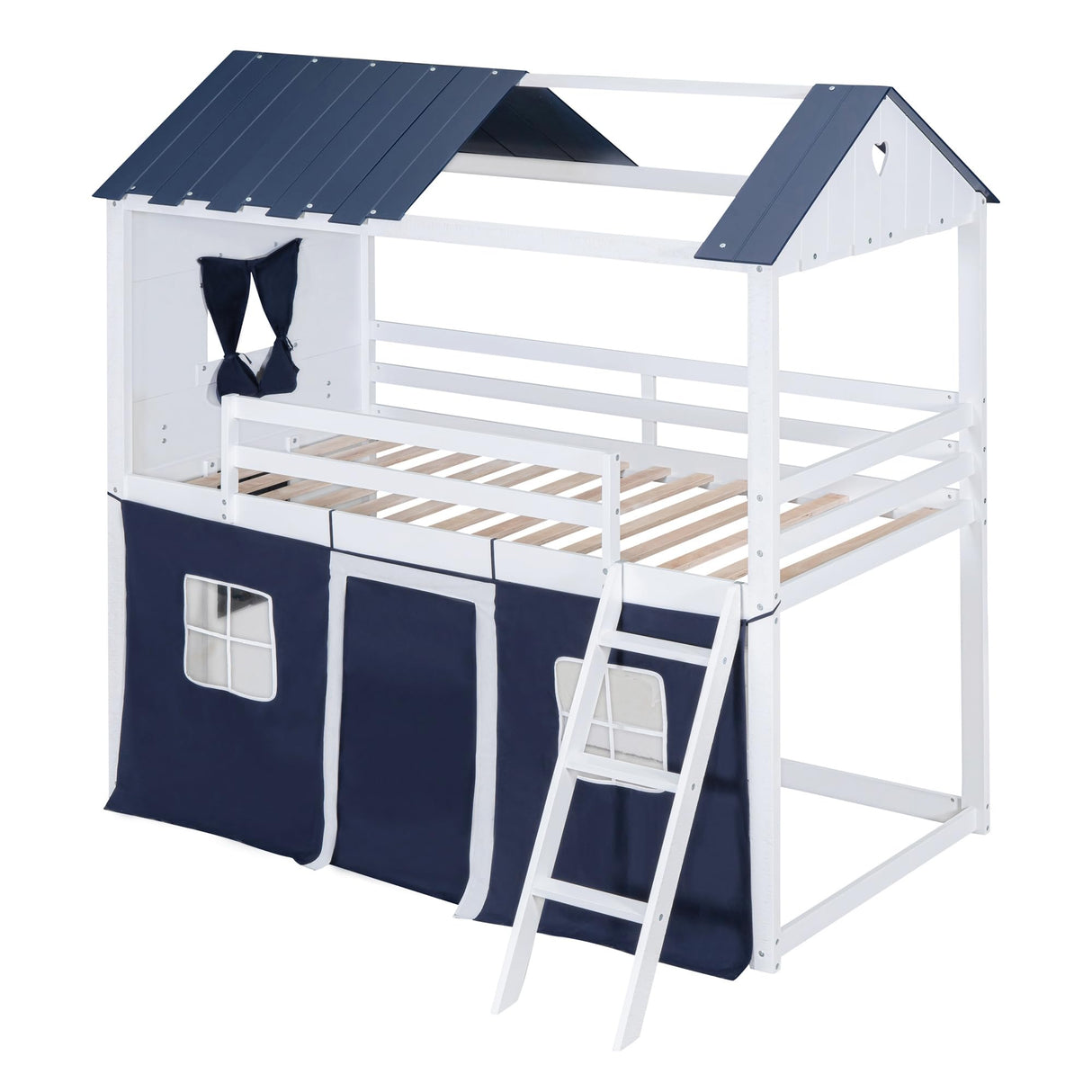 House Full Loft Bunk Bed with Tent, Kids Loft Bed with Ladders,Guardrail
