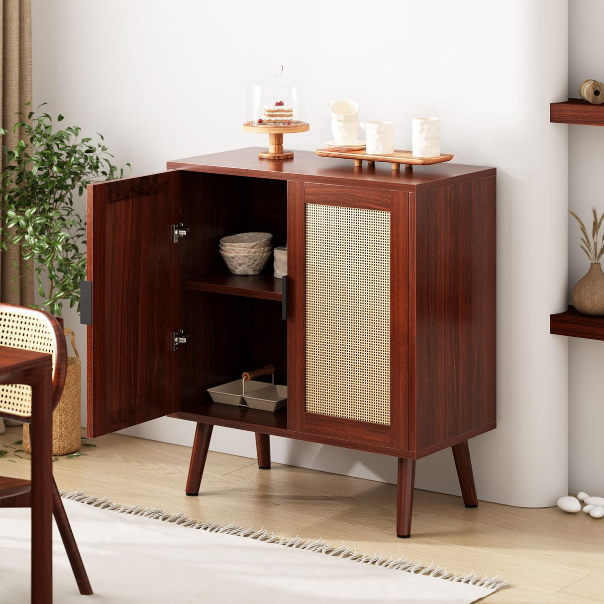 Sideboard Buffet Cabinet, Kitchen Storage Cabinet with Rattan Doors, Liquor Cabinet Bar