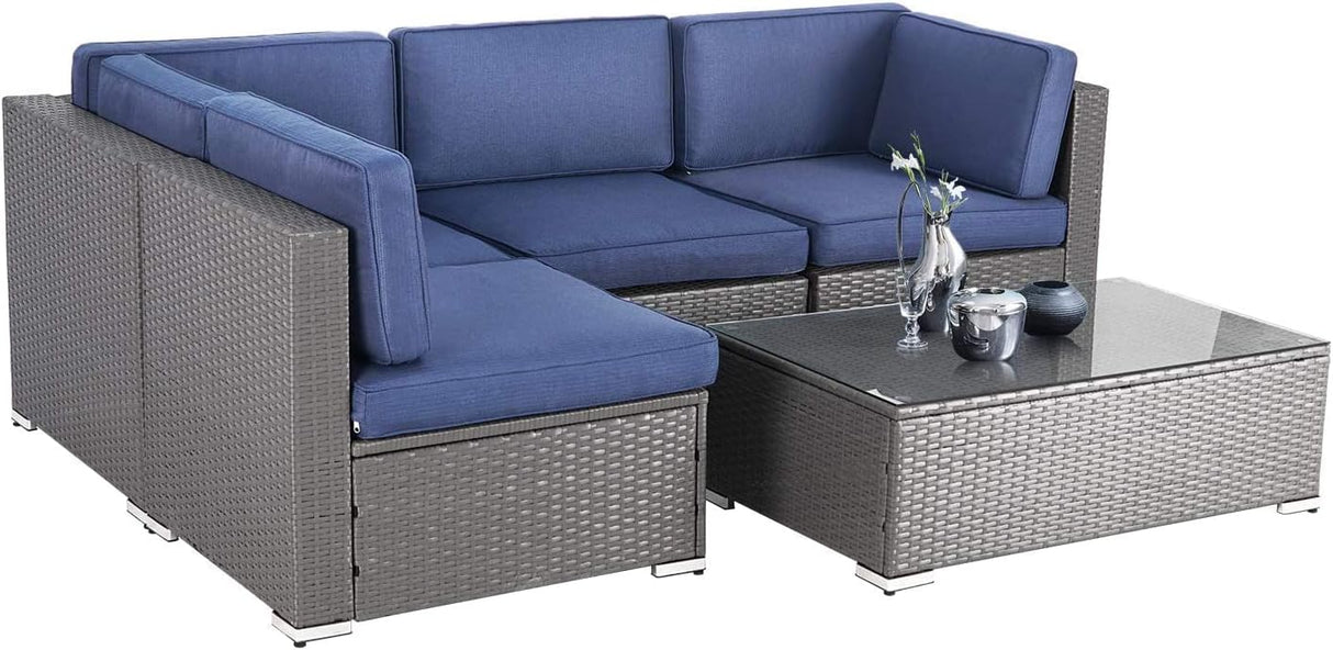 5-Piece Outdoor Patio Sectional Sofa Set with Glass Coffee Table - All Weather Wicker