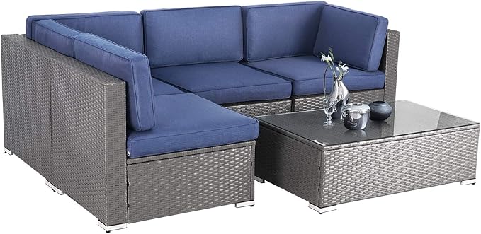 5-Piece Outdoor Patio Sectional Sofa Set with Glass Coffee Table - All Weather Wicker
