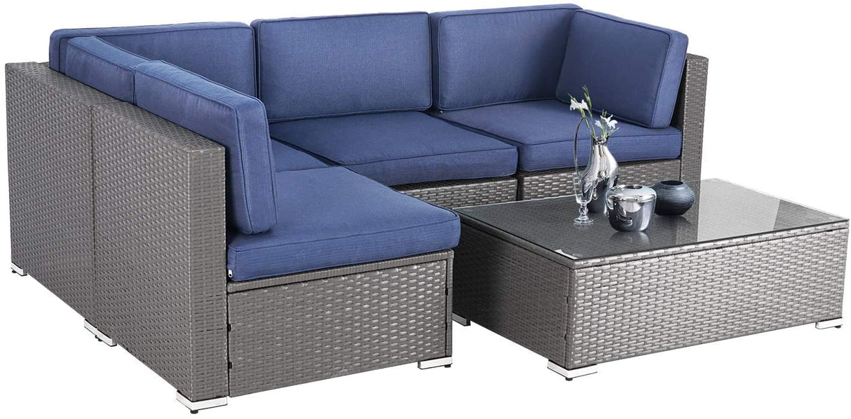 5-Piece Outdoor Patio Sectional Sofa Set with Glass Coffee Table - All Weather Wicker
