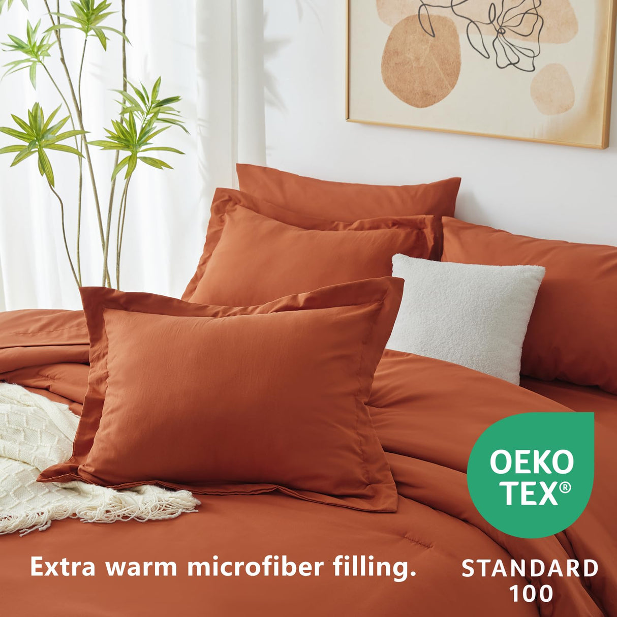 Queen Comforter Set Burnt Orange, 7 Pieces Bed in a Bag Terracotta