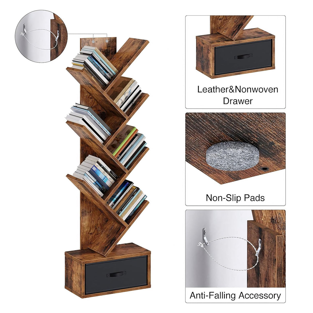 SUPERLELE 6 Shelf Bookshelf with Drawer, Retro Tree Bookcase Floor Standing Bookcase for CDs/Movies/Books, Utility Book Organizer Shelves for Bedroom, Living Room, Home Office