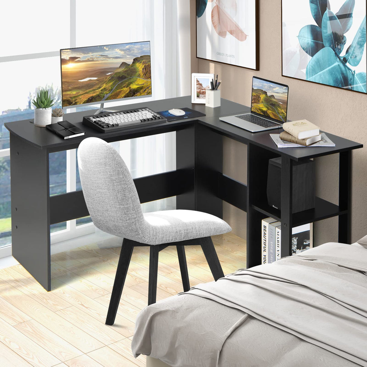 Shaped Computer Desk, Corner Desk for Small Space, Laptop Workstation with 2-Tier Open Shelf & 2 Cable Management Holes