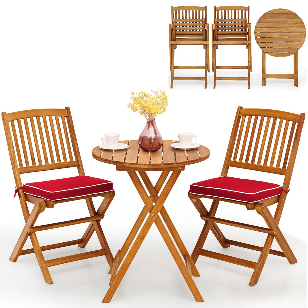 Bistro Table and Chairs Set of 2, Acacia Wood Folding Bistro Table Chairs Set