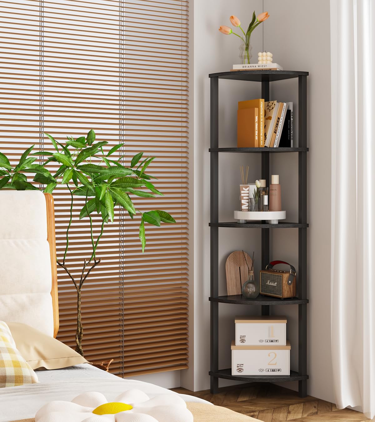 Vimber 5 Tier Industrial Corner Bookshelf - Space Saving Ladder Shelf