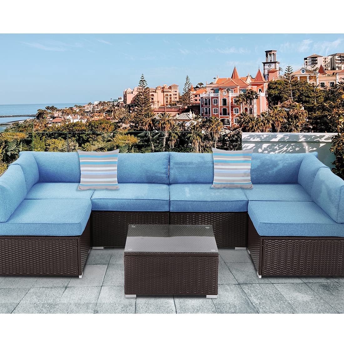 Outdoor 7 Pieces Patio Sofa Set, All-Weather Chocolate Brown Wicker Sectional