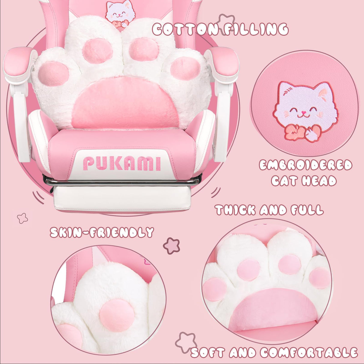 Pink Gaming Chair with Cat Ears - Ergonomic Reclining PC Chair with Footrest