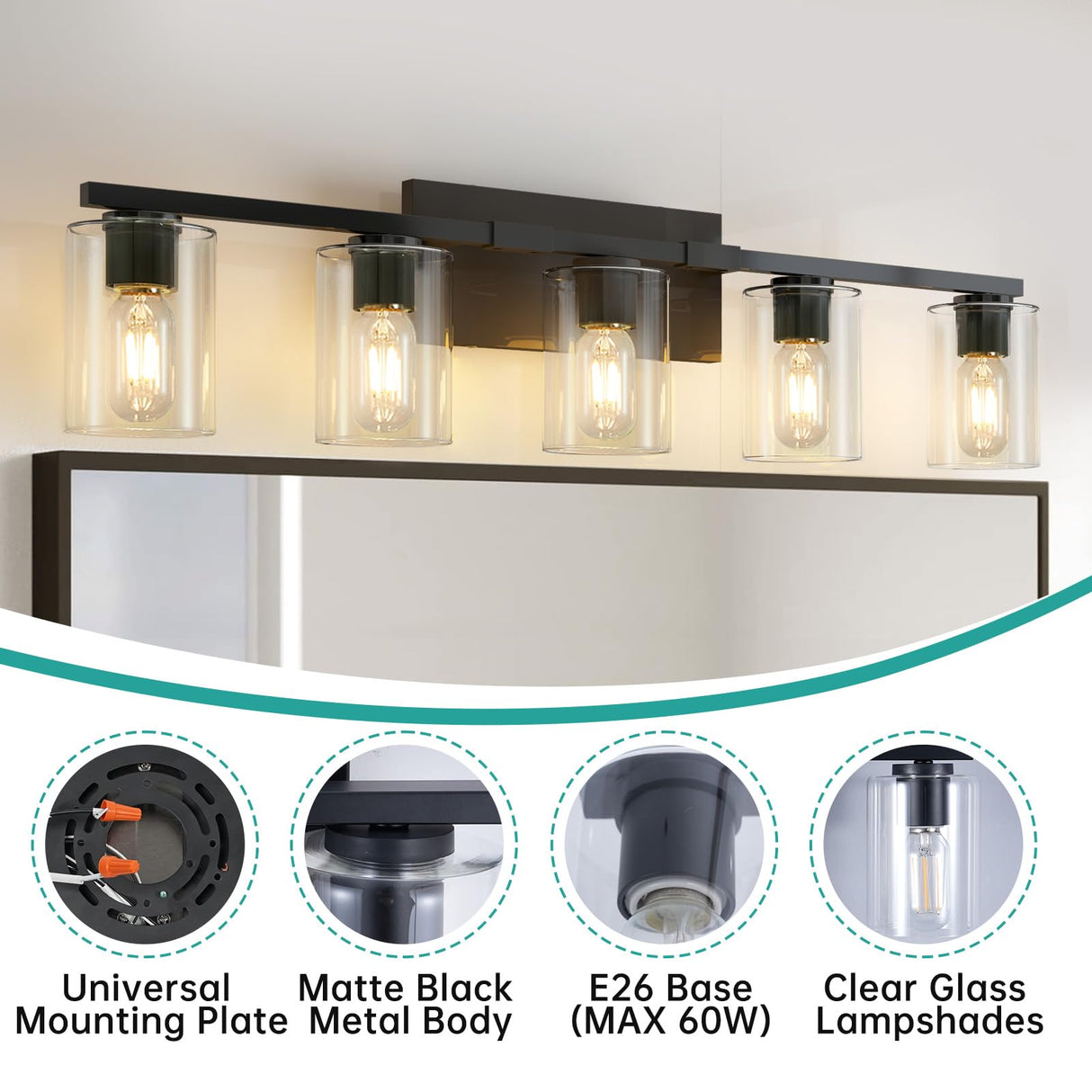 5 Light Vanity Light Fixture - Bathroom Vanity Lights Above Mirror - Matte Black