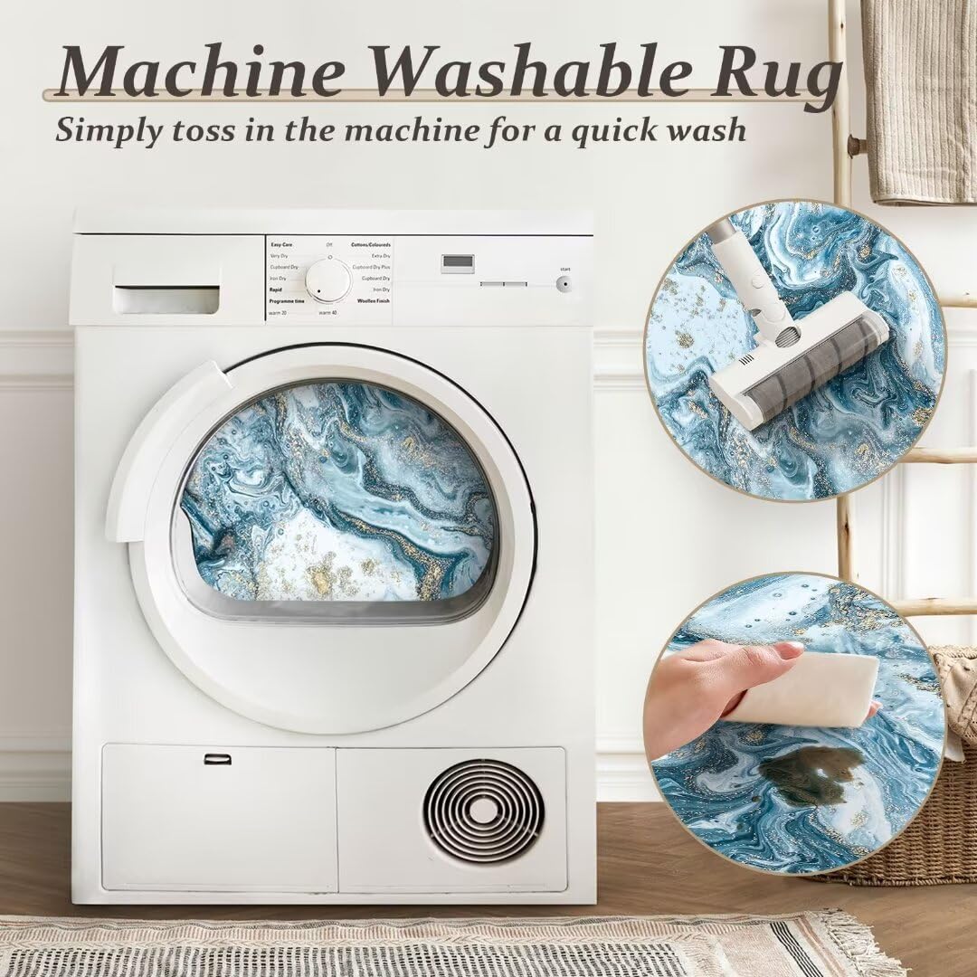 GEMBED Washable Area Rug 9x12 - Artistic Style Modern Rug for Living Room Bedroom Dining Room, Soft Low Pile Machine Washable Carpet, Non Slip Non Shedding Area Rug - Blue/Gold, 9'x12'