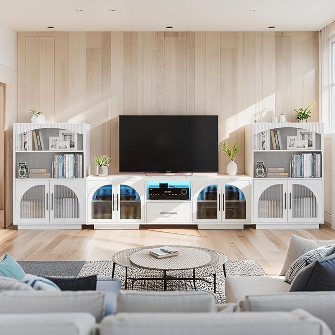 70" TV Stand for 80 Inch TVs, Entertainment Center with LED Lights and Arched Glass Doors