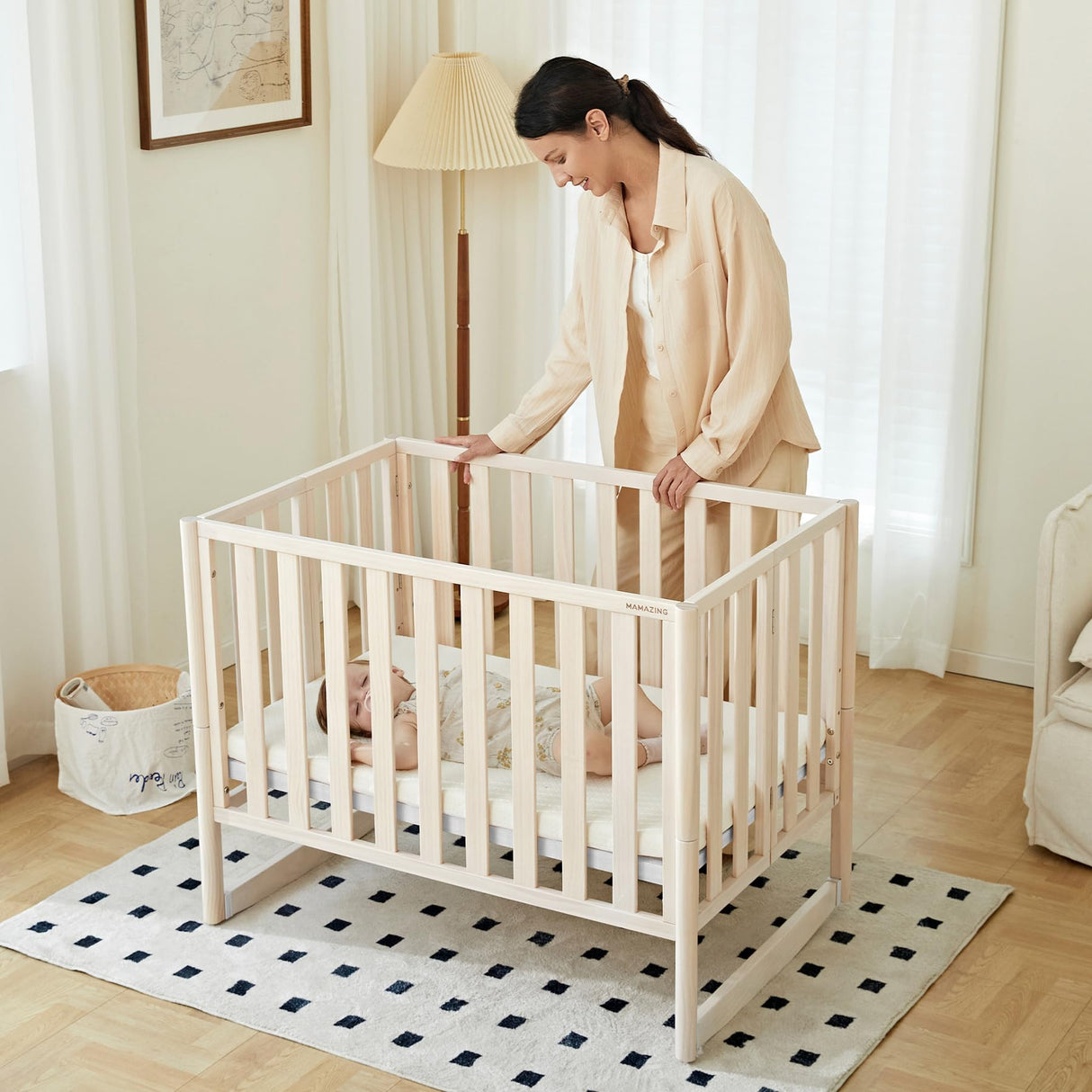 EvoNook 6-in-1 Convertible Mini Crib - Easy Assembly, Portable Folding Baby Mini Crib with Wheels, 100% New Zealand Pinewood, 4 Adjustable Mattress Heights, Washed Nature with Wheels