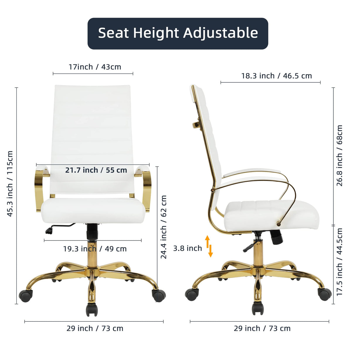 High Back Executive Office Chair - Ribbed PU Leather with Gold Frame