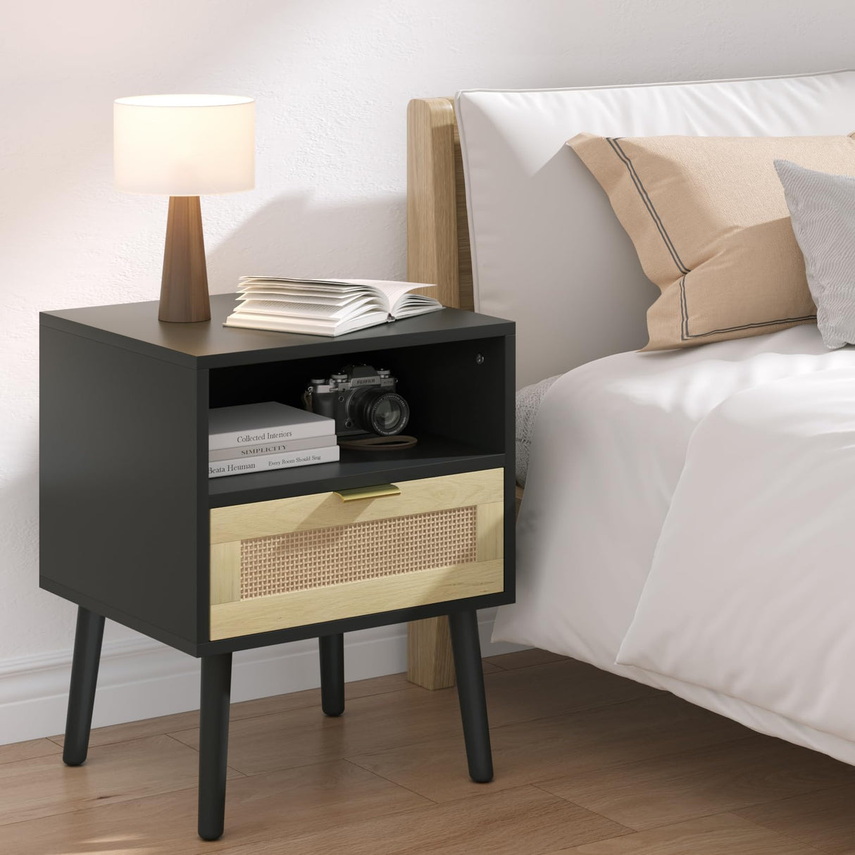 Rattan Black Nightstand, Modern Bedside Table with Storage Drawer and Open Shelf