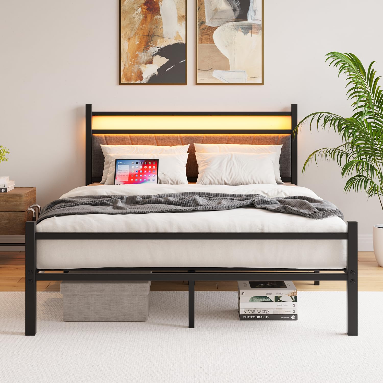 Frame with Upholstered Headboard and Charging Station, LED Lights Bed Frames