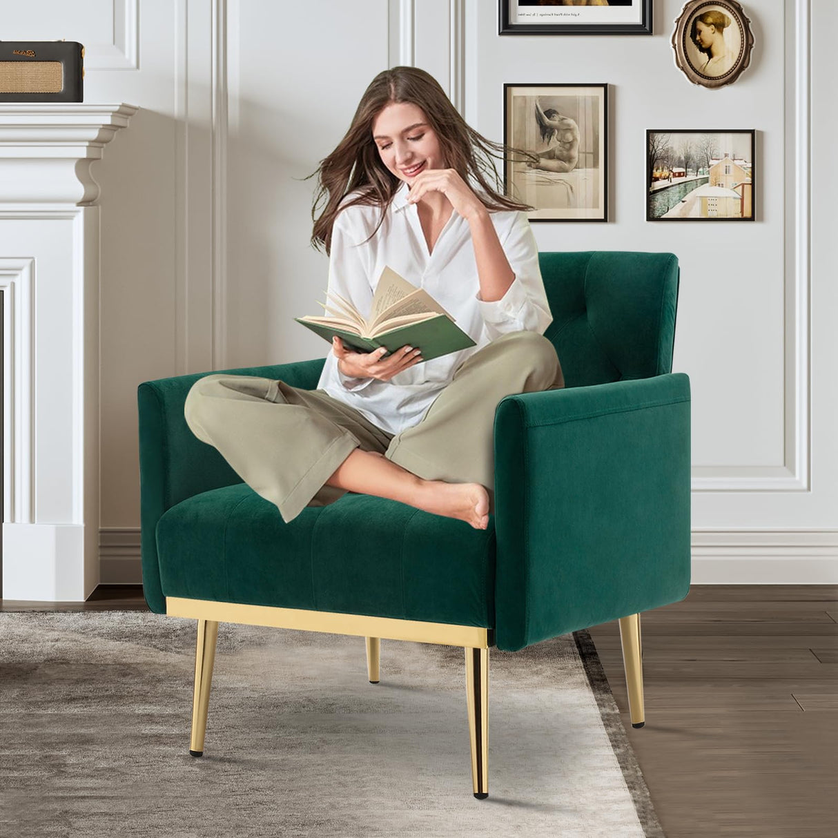 Green Velvet Accent Chairs Set of 2, Comfy Button Tufted Armchair, Upholstered Arm