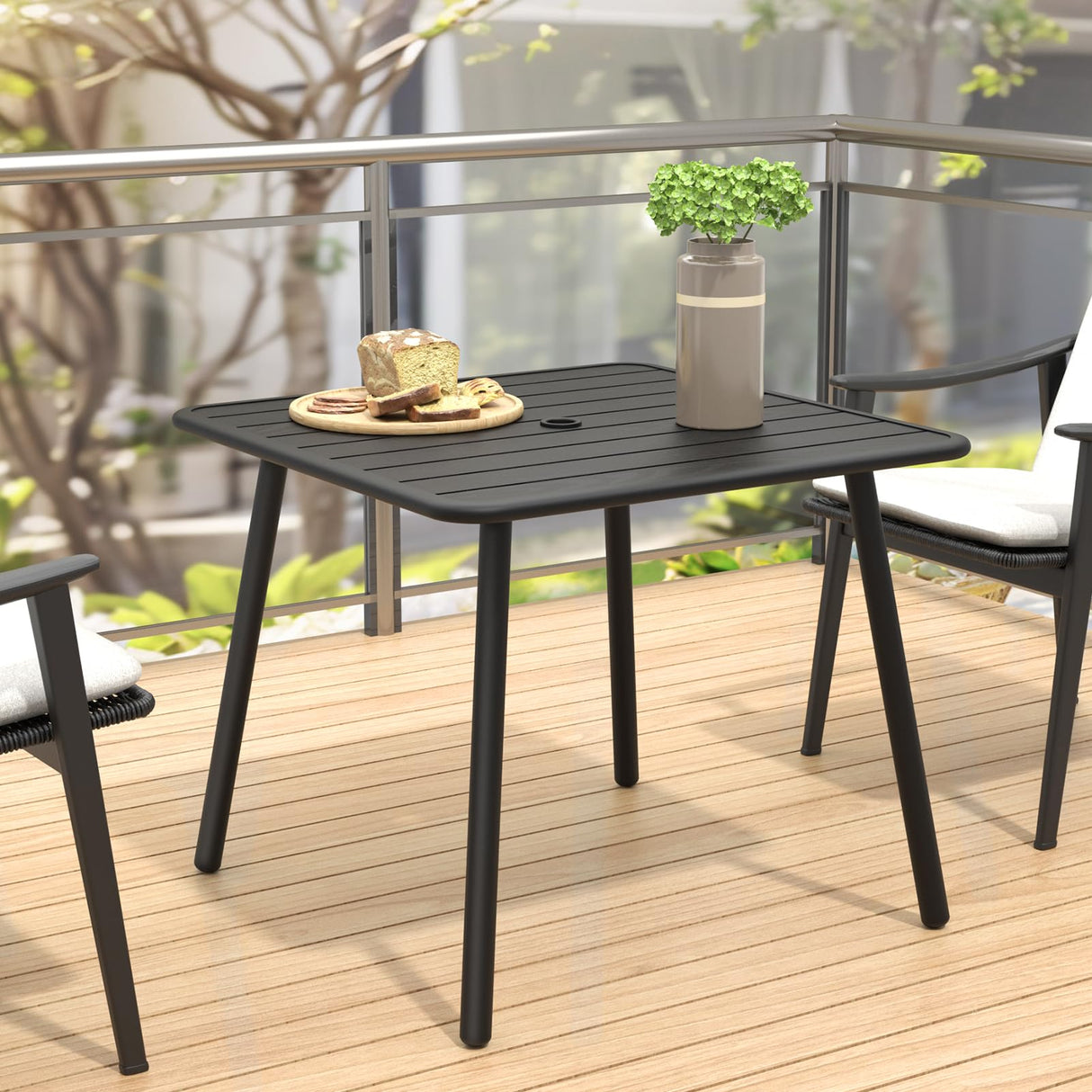 Square Metal Outdoor Dining Table with Umbrella Hole for Outside Patio, Black