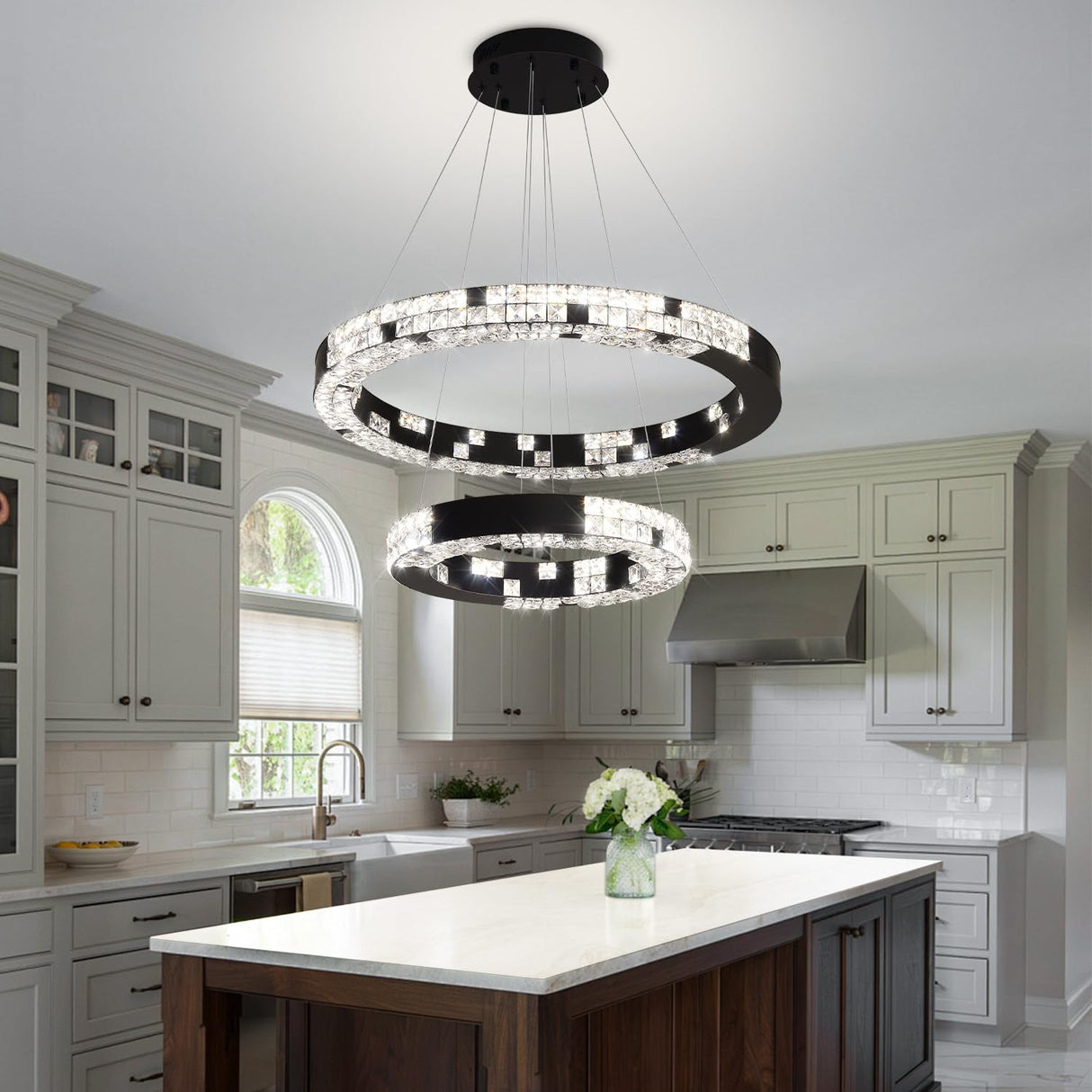 Modern Chandelier Black 2 Ring Crystal Chandeliers for Living Room High Ceiling Chandelier