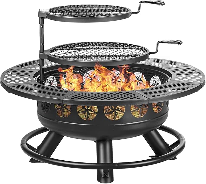 36 Inch Fire Pit with Cooking Grill,Outdoor Wood Burning BBQ Firepit with Lid