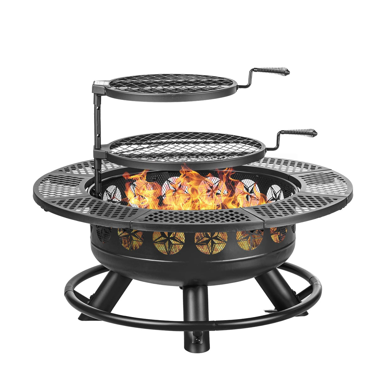 36 Inch Fire Pit with 2 Cooking Grills,Outdoor Wood Burning BBQ Firepit with Lid