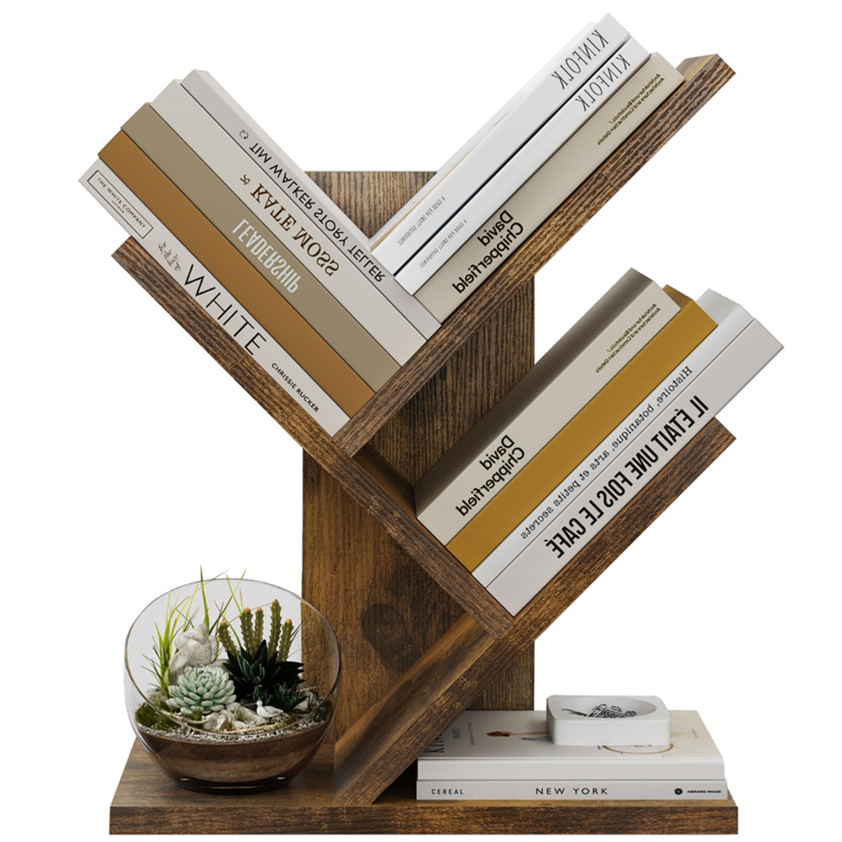Tajsoon Tree Bookshelf 3 Tier Book Storage Organizer Shelves, Desktop Bookshelf Floor Standing Bookcase Display for CDs/Magazine/Books, Small Bookshelf for Bedroom, Living Room Office, Rustic Brown