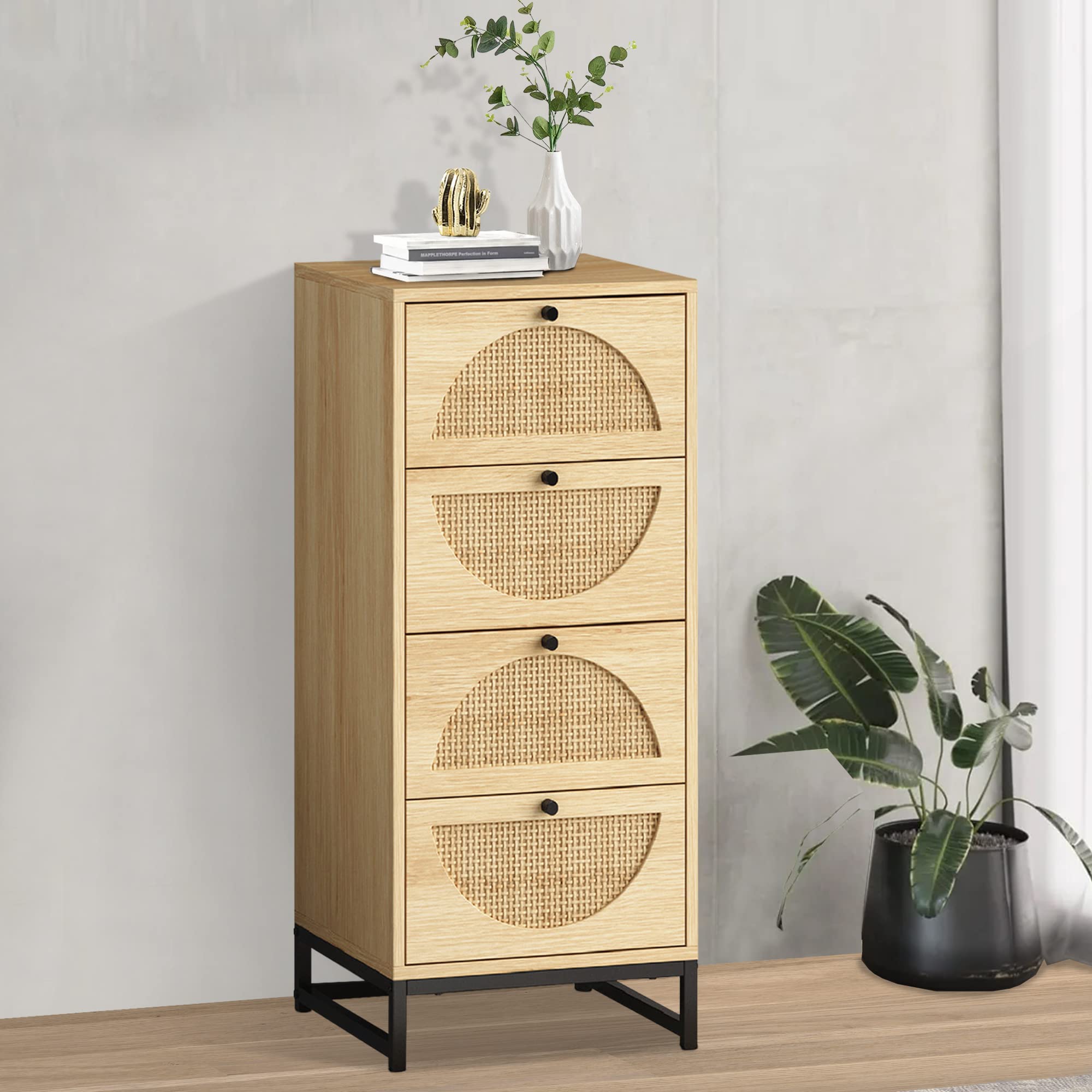 4 Drawer Rattan Dresser with Metal Legs - Natural Oak Storage Cabinet for Bedroom