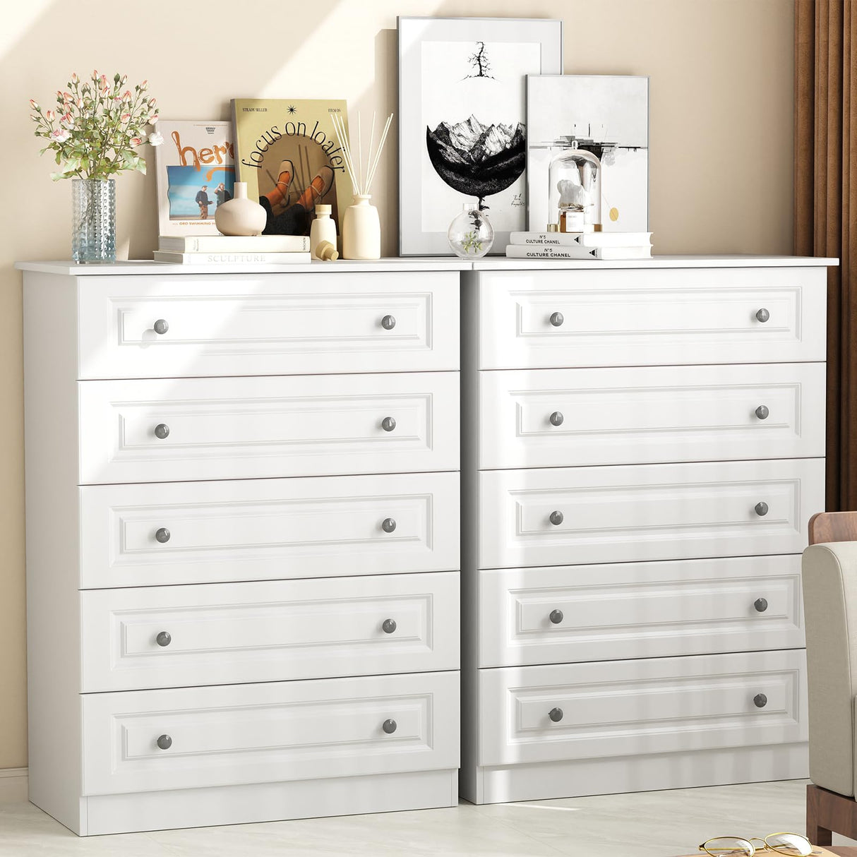 White 5-Drawer Tall Dresser with Wood Top, Modern Storage Tower for Bedroom, Closet, Living Room, Entryway, Hallway