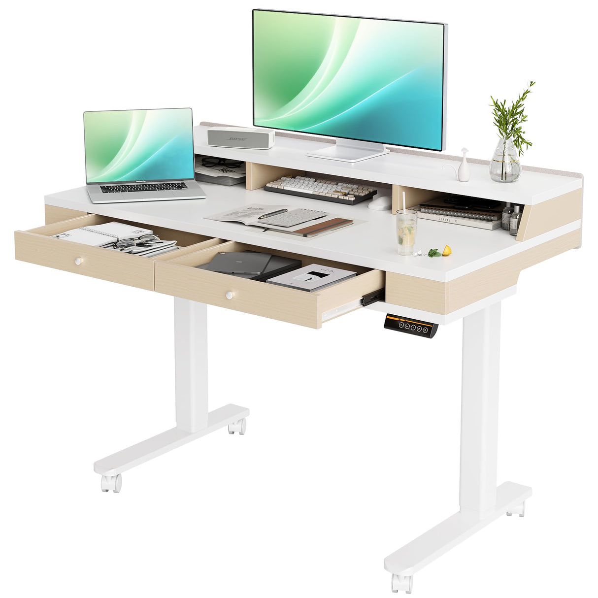 Desk with Drawers, Electric Adjustable Standing Desk Adjustable Height, Sit Stand Up Desk with Storage Shelves & Wheels, 48 Inch White