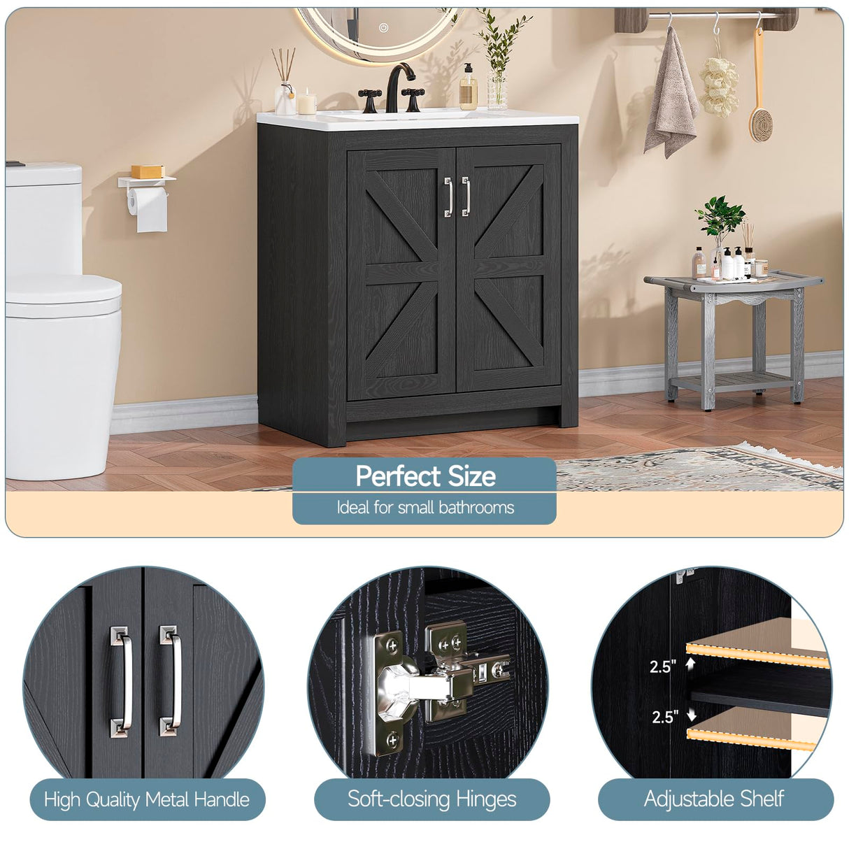 ONBRILL Farmhouse Bathroom Vanity with Sink, Freestanding Bathroom Vanities with Ceramic Basin & Soft-Close Door, Wood Storage Cabinet with Adjustable Shelf for Apartment & Small Space (Black, 30")