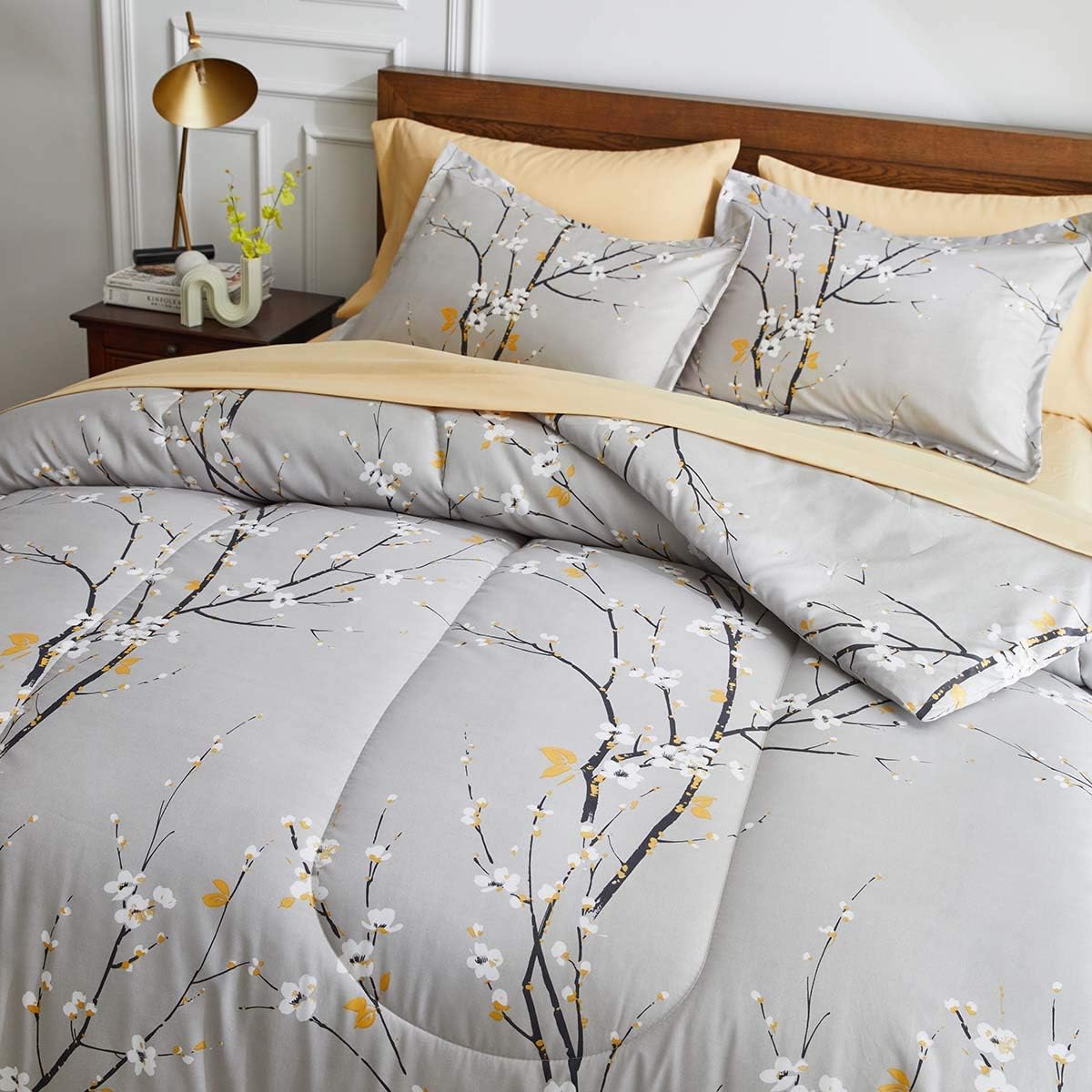 Gray Comforter Sheet Set Bed in a Bag 7 Pieces King Size Tree Branch Bloom Flower Spring Summer Bedding Set (1 Comforter 2 Pillow Shams 1 Tan Flat Sheet 1 Fitted Sheet 2 Pillowcases)