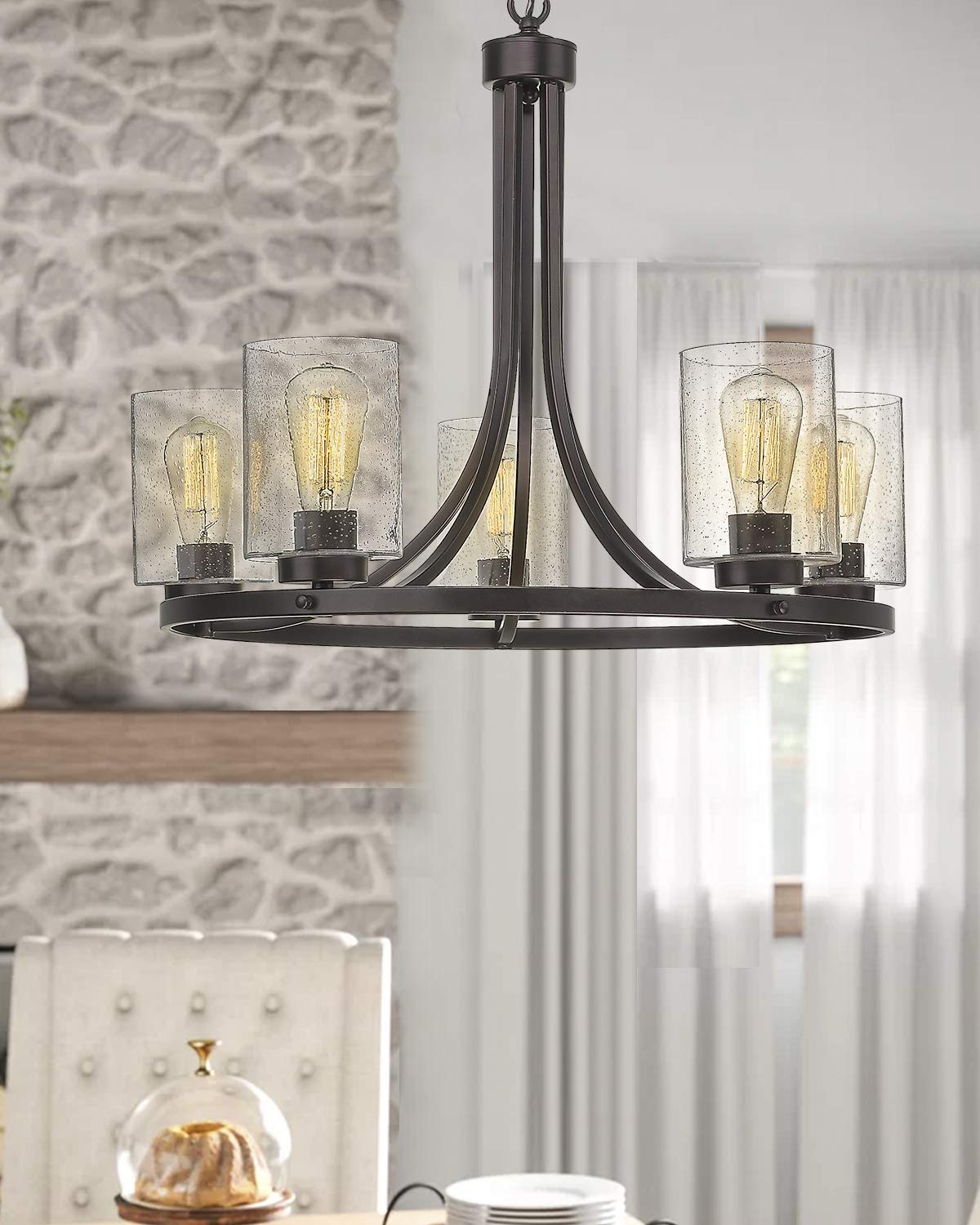 Beionxii 5-Light Wagon Wheel Chandelier, 26" Farmhouse Contemporary Foyer Pendant Light Dinning Room Lighting Fixture Oil Rubbed Bronze with Clear Seeded Glass