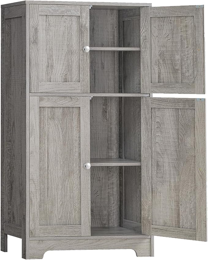 Cabinet, Storage Cabinet with 2 Adjustable Shelves, Bathroom Floor Cabinet with 4 Doors,