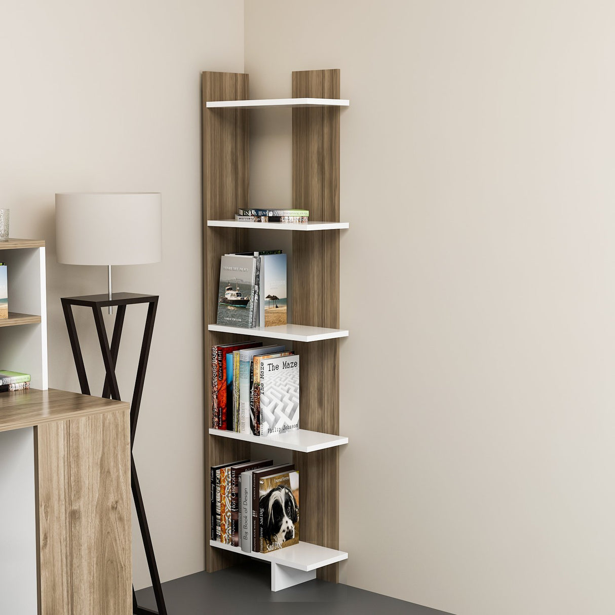 AL67BCB02 67 x 18 x 9 in. Alice Accent Corner Unit Bookcase - Walnut