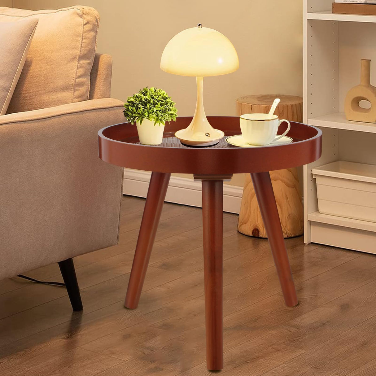 Small Round End Table, Side Tables for Patio, Mid Century Modern Rustic Accent Table with Solid Wood Legs, Reddish Brown Finish, Perfect for Bedroom, Living Room, Indoor Or Outdoor - Bircata